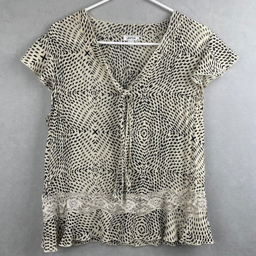 Jaipur Black Cream Geometric Airy Blouse Lace Trim Work Boho Chic 90s Style M